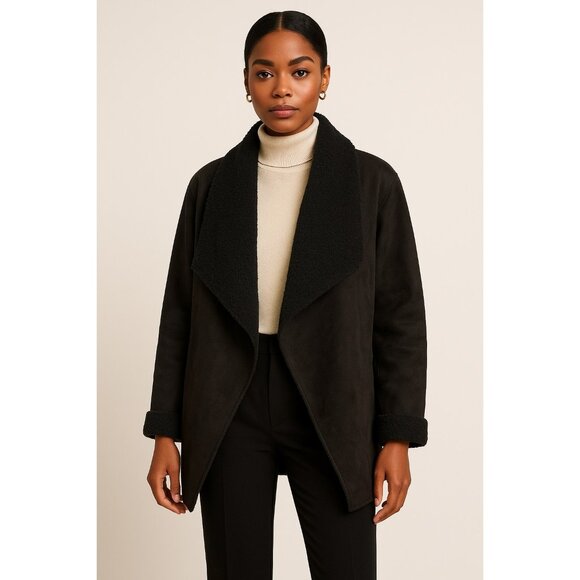 Cortefiel Jackets & Blazers - Cortefiel Black Faux Shearling Coat Women’s XL Open Front Cozy Minimalist Jacket